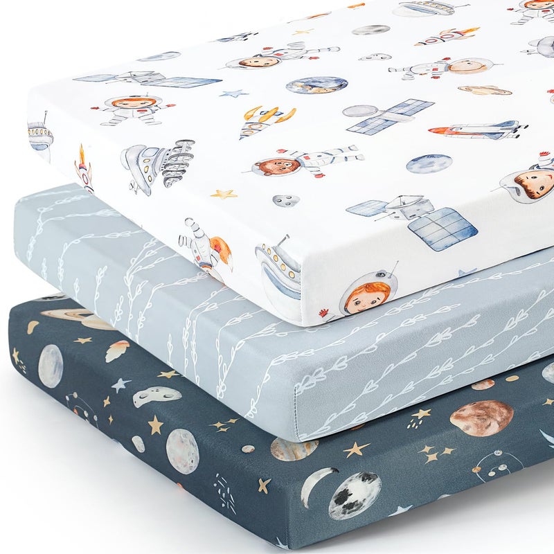 GRSSDER Pack n Play Sheets Fitted 3 Pack, Stretchy Ultra Soft Jersey Knit Pack and Play Sheets, Universal Fitted Portable/Mini Crib Mattresses Snug and Safe, Space Stylish Print - Image 1